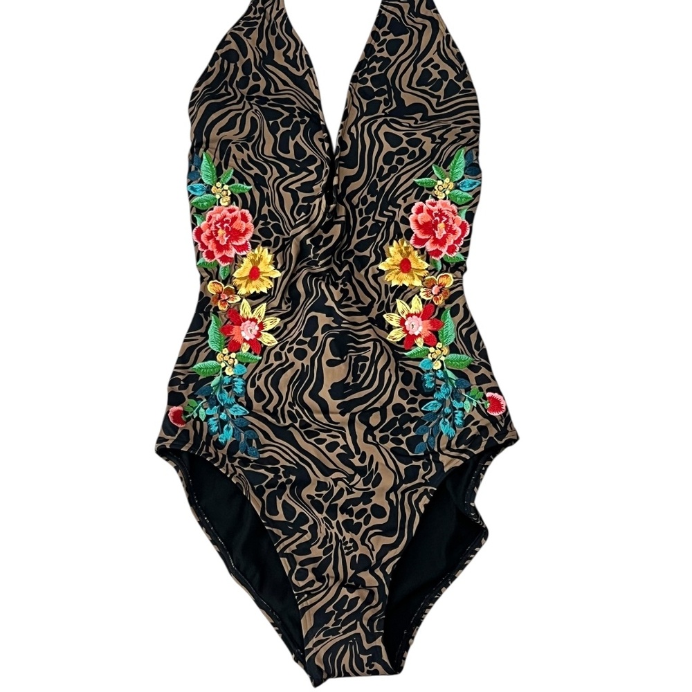 Johnny Was XS One Piece Bathing Suit Milo Halter Embroider Leopard Print
